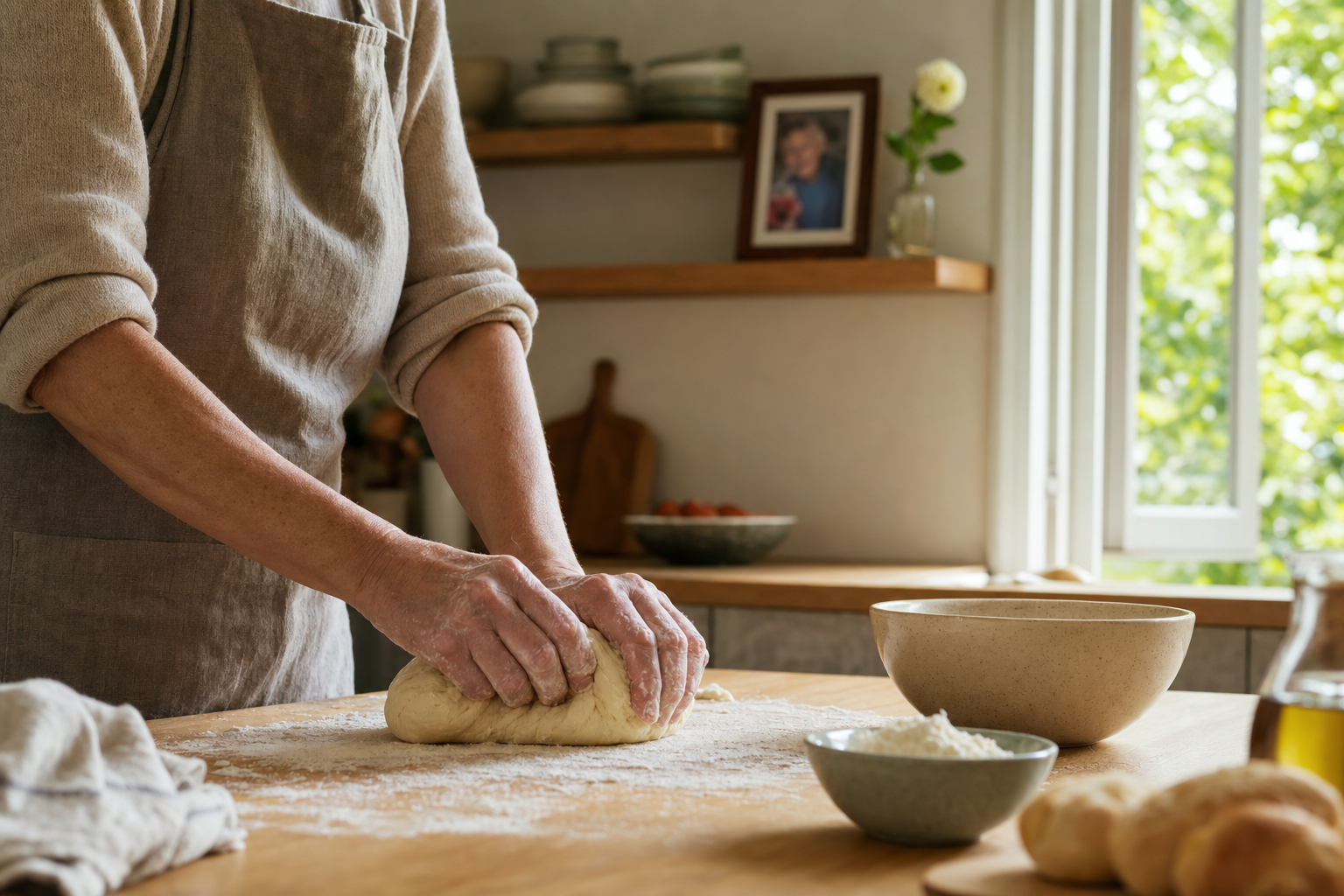 An adult kneads dough in a sunlit kitchen while a framed photograph and a single flower rest on a background shelf.