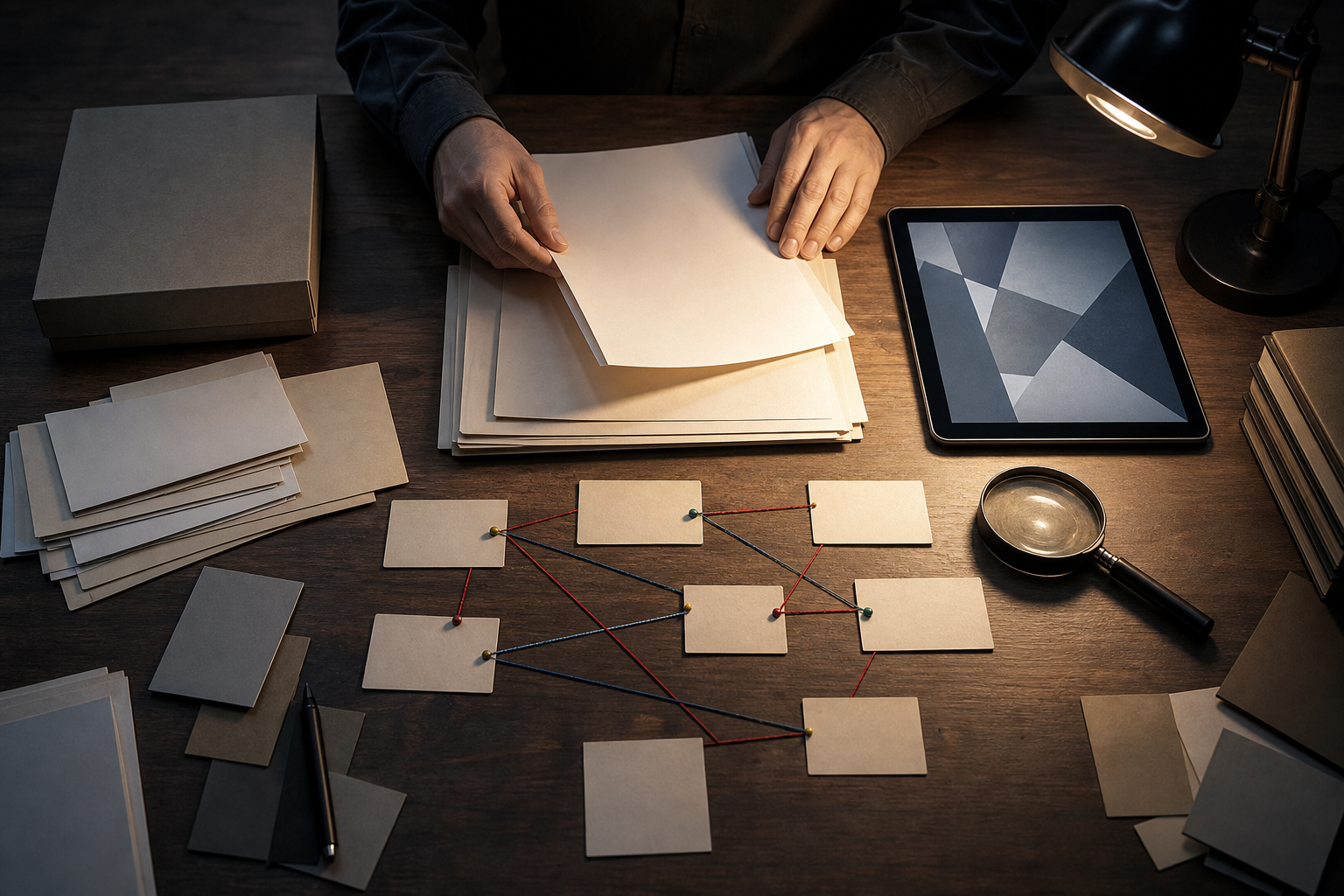 An investigator examines transaction, access, communication, and shipping evidence while indistinct human silhouettes remain in the background.