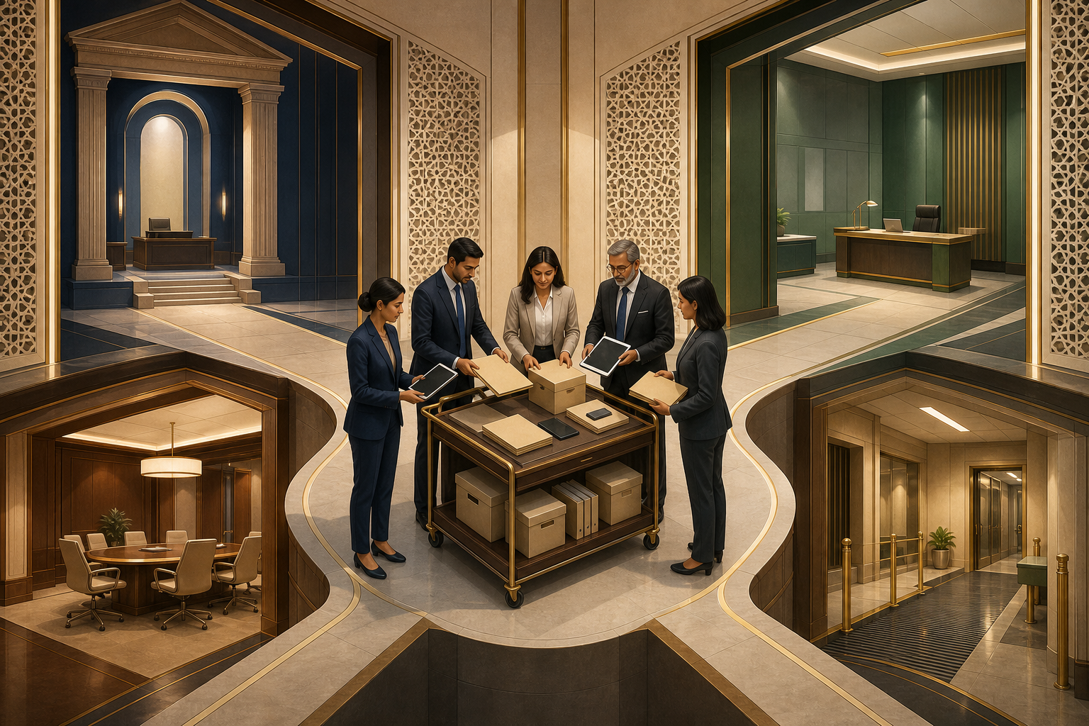 A legal and compliance team sorts evidence toward four distinct institutional and workplace pathways in a sandstone office interior.