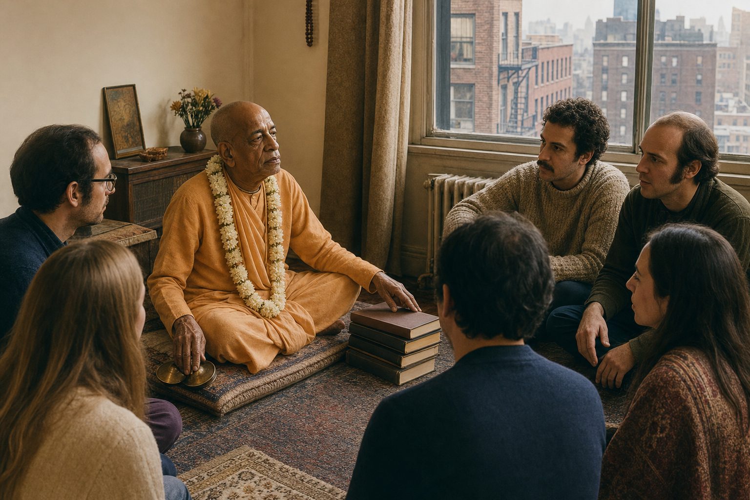 Srila Prabhupada sits in a modest New York room teaching a small group beside unmarked books and hand cymbals.