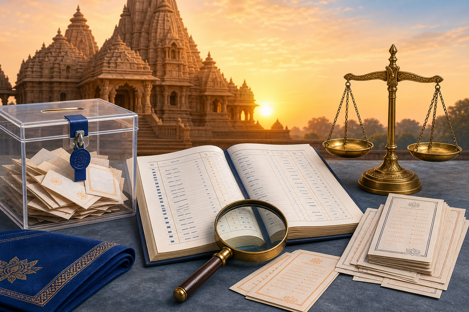 बलुआ पत्थर के मंदिर की पृष्ठभूमि में खुला लेखा-बही, दान पेटी, रसीदें, आवर्धक कांच और संतुलन तराजू रखे हैं।
