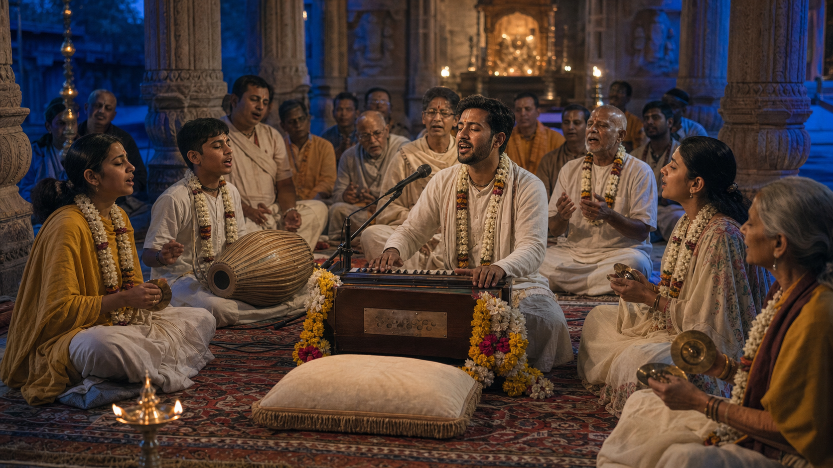 Devotees chant in a Vrindavan temple around a flower-garlanded harmonium, accompanied by mridanga drums and brass kartals.