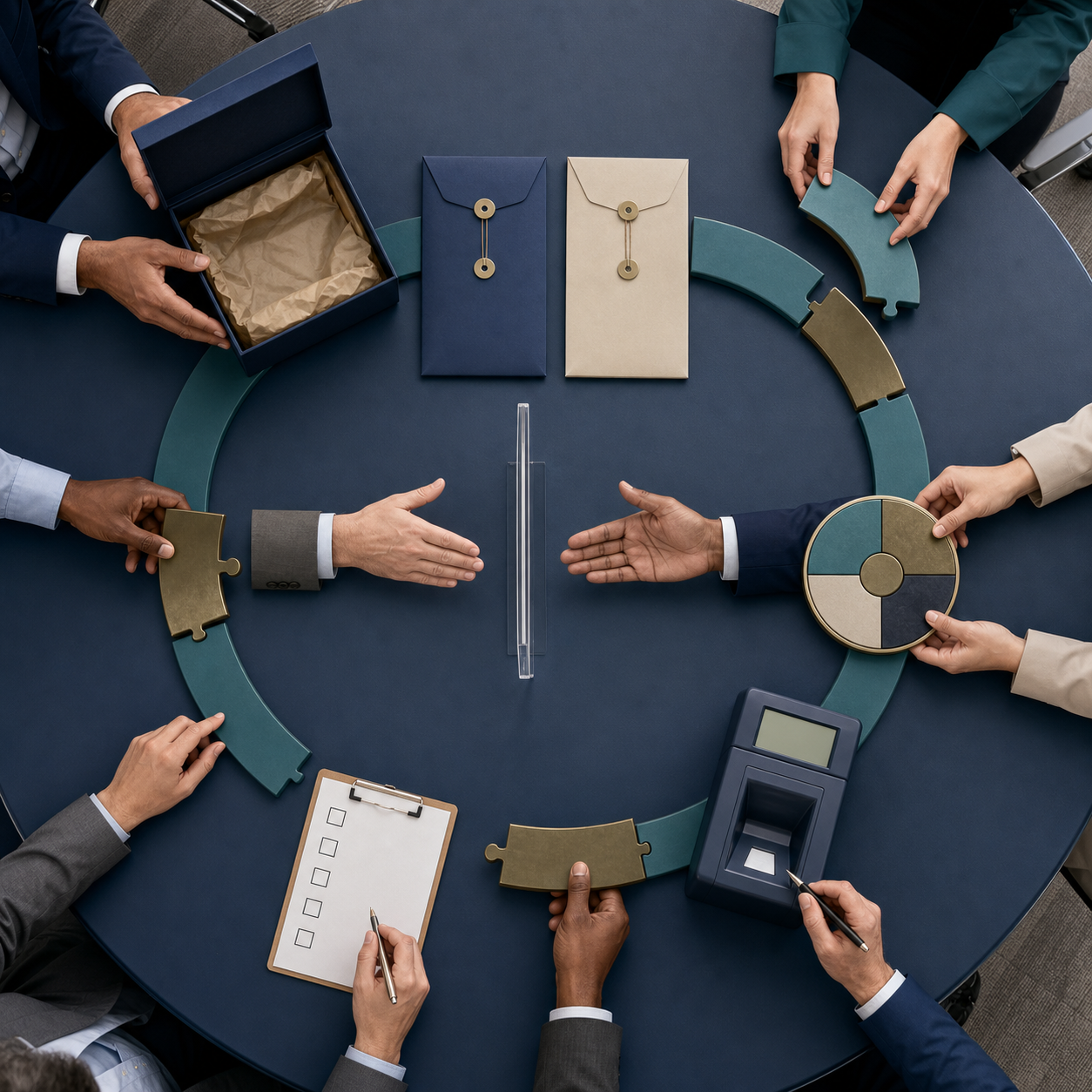 Multiple people share procurement tasks around a table with supplier materials, bid envelopes, approval tokens, and payment-verification tools.