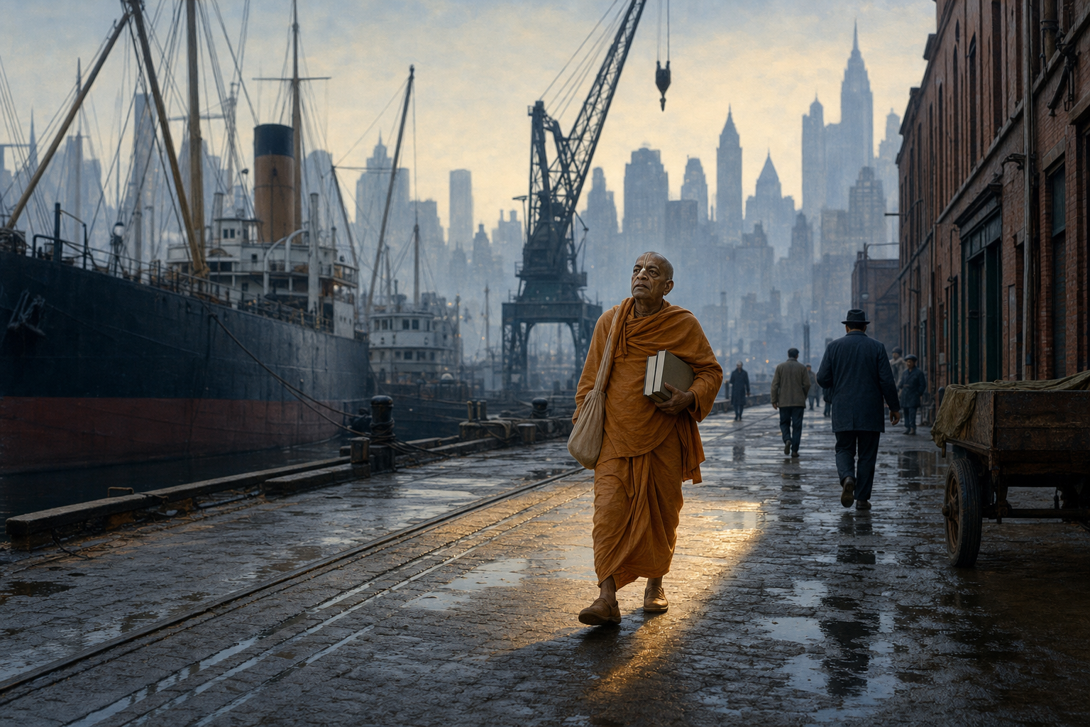 An elderly Indian monk carrying books and a cloth bag walks along a misty 1960s New York harbor pier.