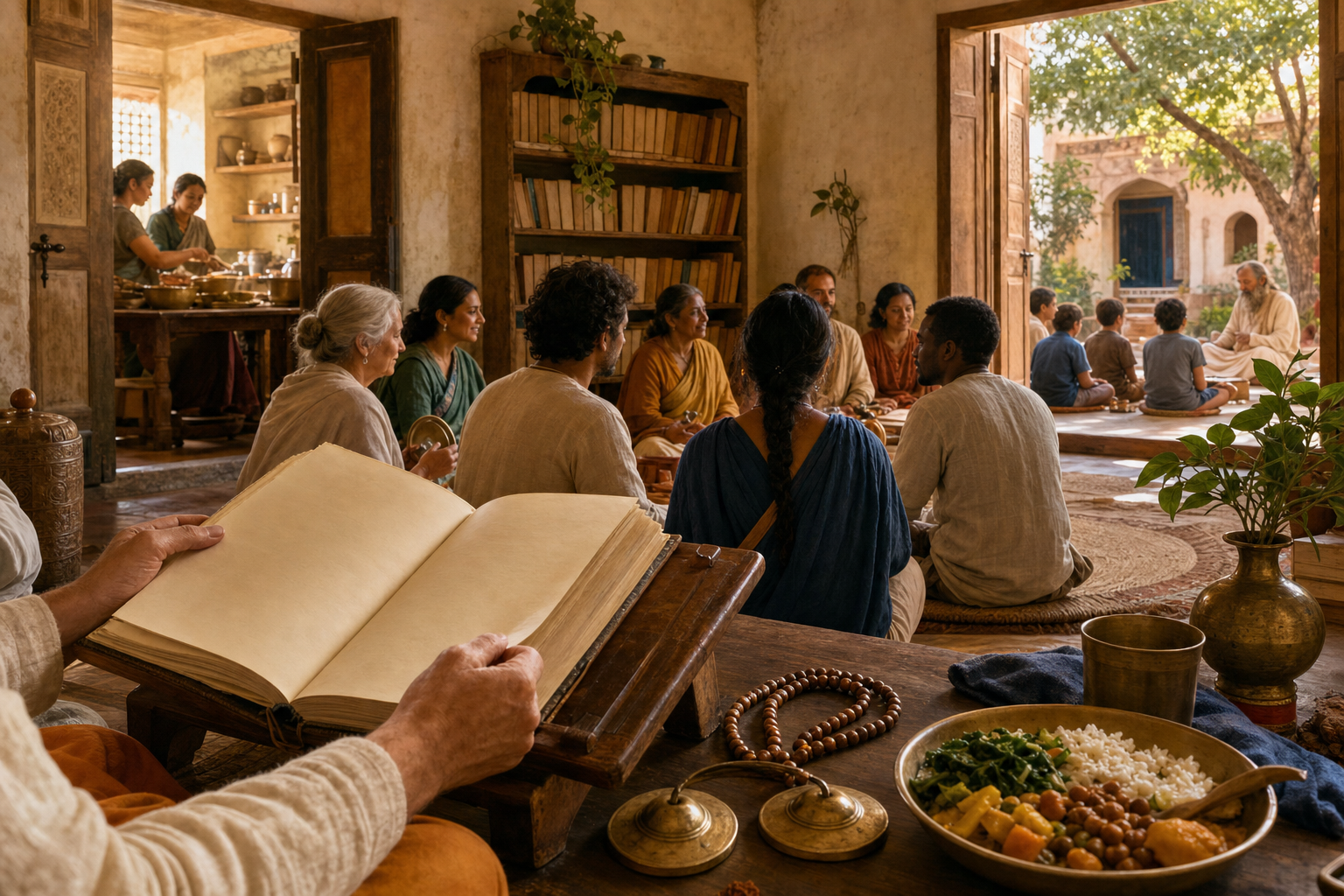 An open scripture, prayer beads, cymbals, shared food, and a multigenerational gathering represent interconnected layers of spiritual legacy.