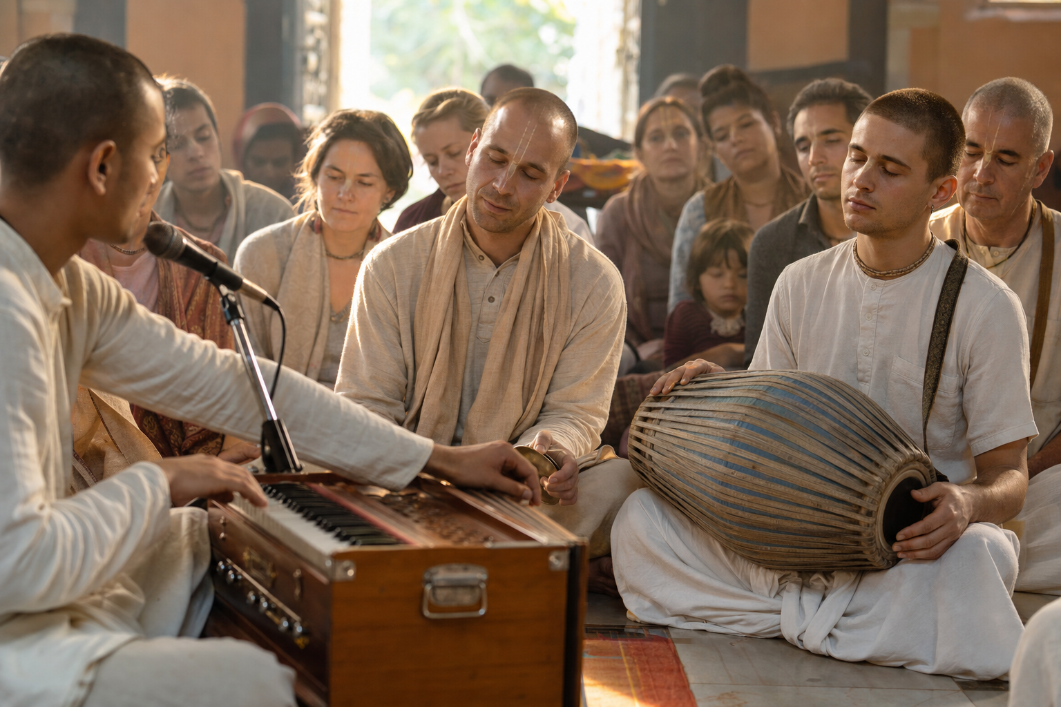 A seated kirtan leader pauses at a harmonium while respondents listen with kartals and a mridanga held still.