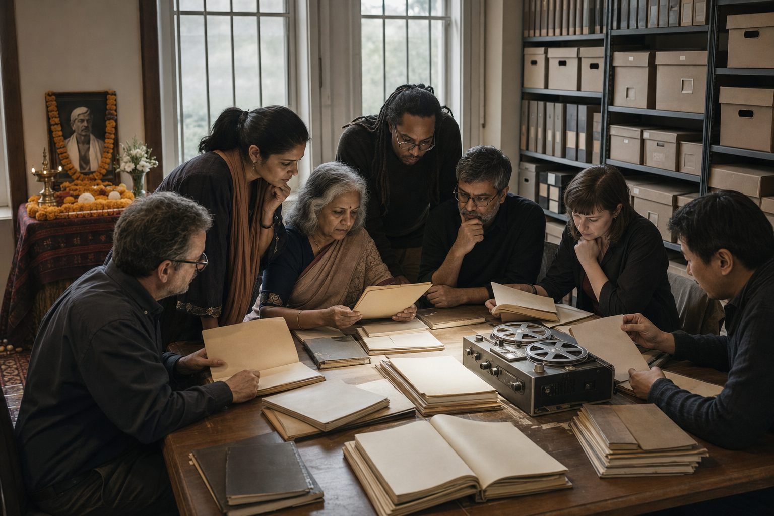 Researchers and practitioners examine books, papers, and an audio recorder at an archive table between devotional and scholarly materials.