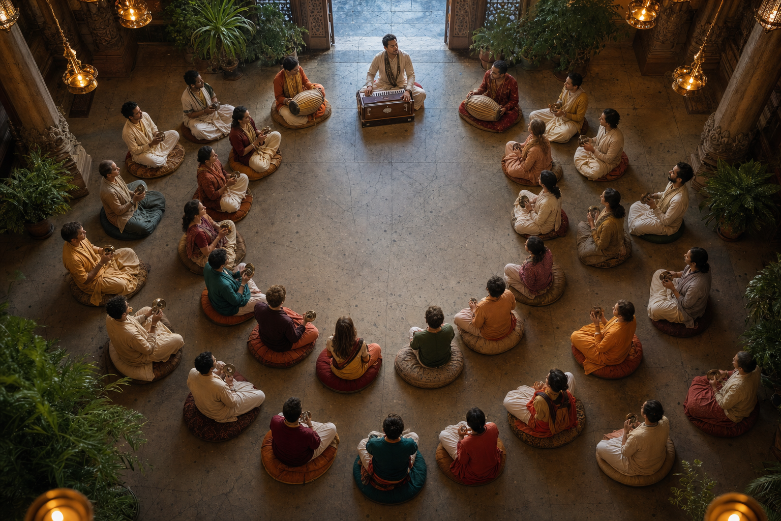 An overhead view shows a kirtan leader, response singers, drummers, and kartal players arranged in a spacious circle on a temple floor.