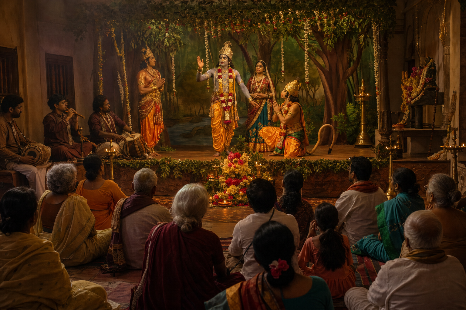 Costumed actors perform a sacred drama in a temple hall as musicians accompany them and an audience watches attentively.
