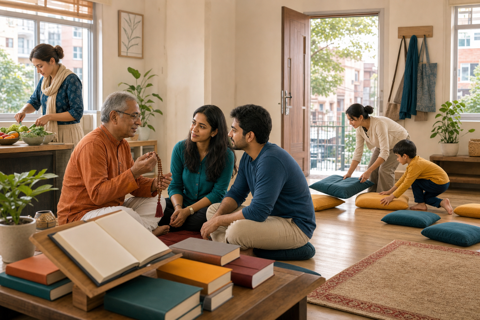 People of several generations read, use meditation beads, prepare food, and arrange a community room for devotional practice.
