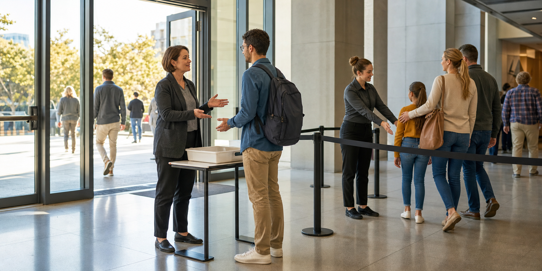 Security staff conduct calm, respectful entry checks as visitors enter a civic gathering.