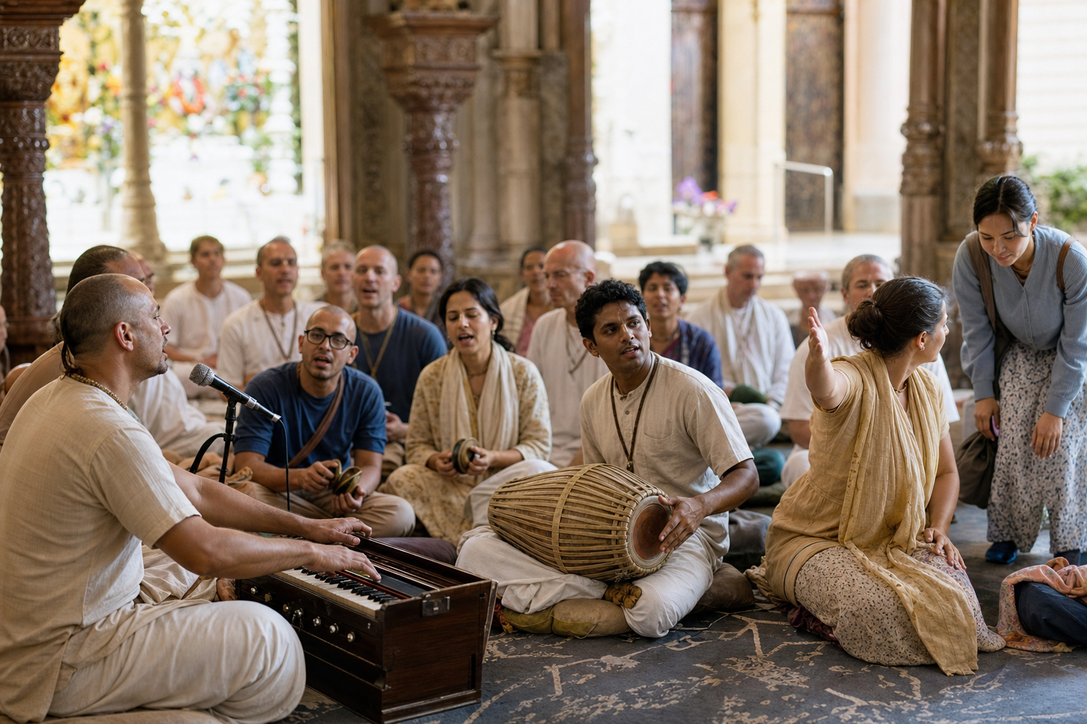 A kirtan leader sings at a harmonium, seated respondents answer, and an organiser assists participants at the edge of the temple gathering.
