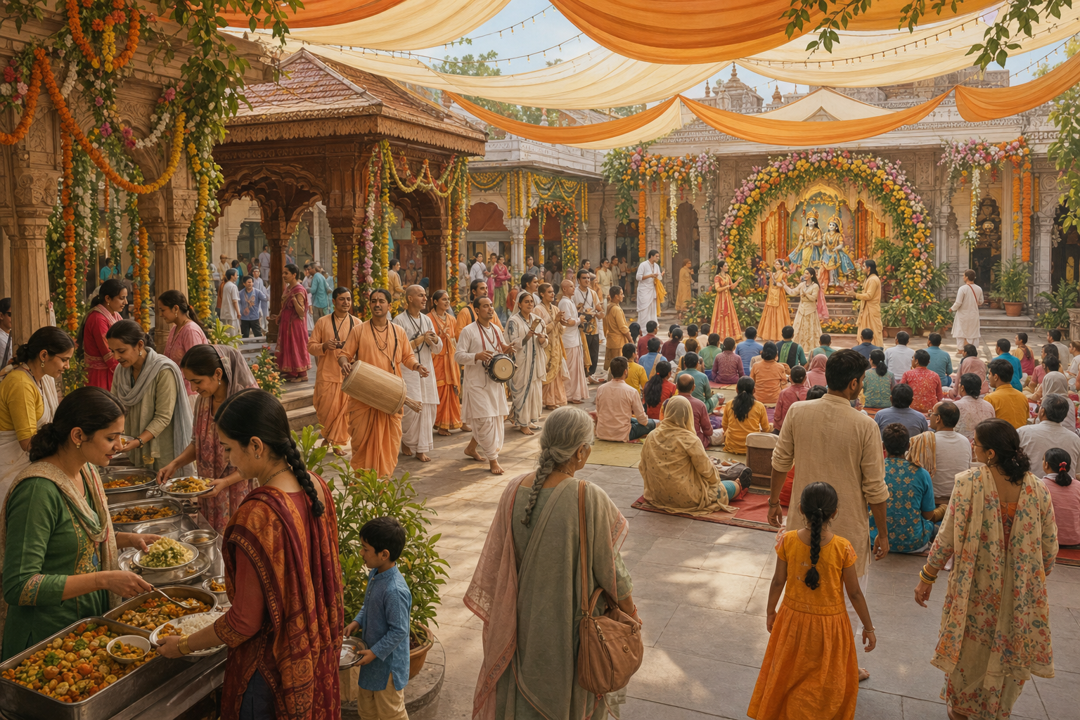 A temple courtyard festival includes a seated drama audience, a moving kirtan group, and volunteers serving vegetarian food beneath decorated canopies.