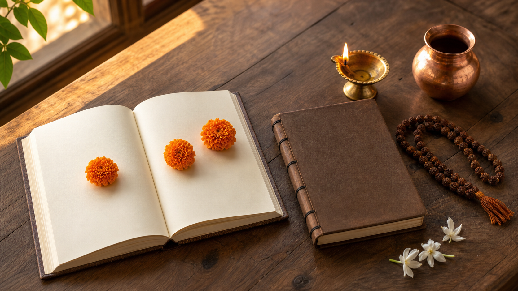 An open blank planner marked with marigold blossoms sits beside a closed almanac, a lit brass lamp, prayer beads, jasmine flowers, and a copper vessel.