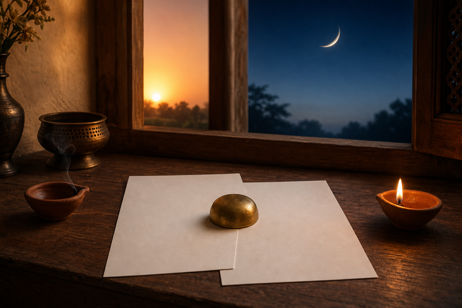 Two overlapping blank calendar leaves rest between an extinguished lamp at sunset and a lit lamp before dawn, with a crescent moon visible outside.