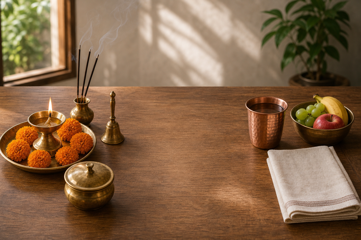 A home puja arrangement with a lamp and flowers is separated from a simple setting of water and fruit on the same wooden surface.