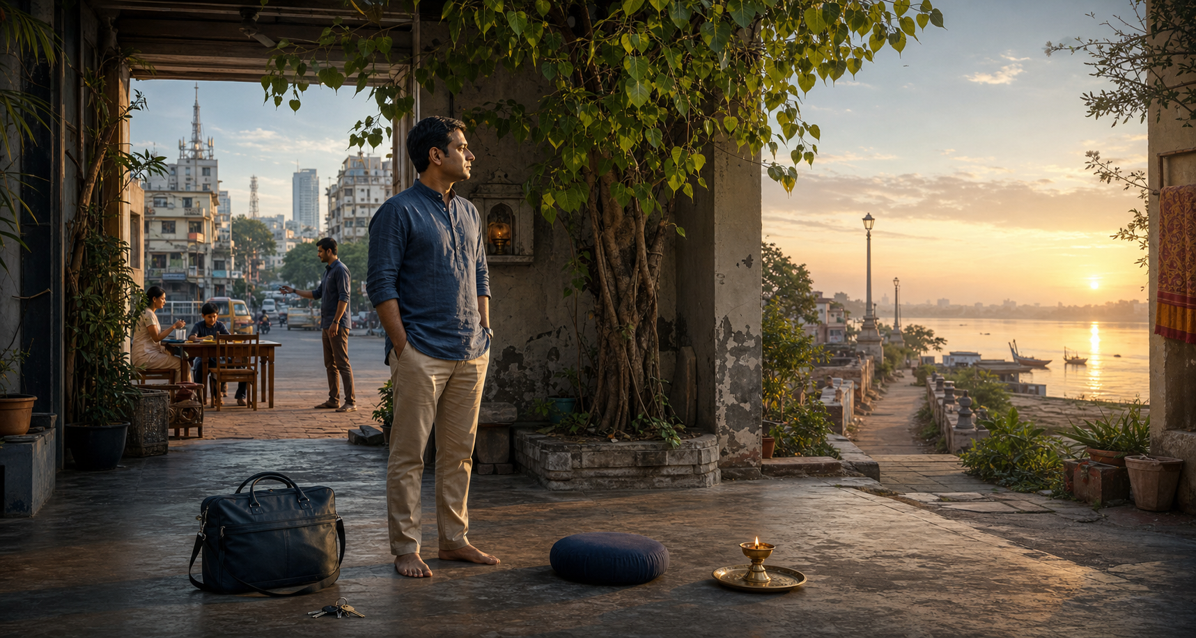 A contemporary Indian householder pauses in a dawn courtyard between a family home, a waking city, and a path leading toward a river.