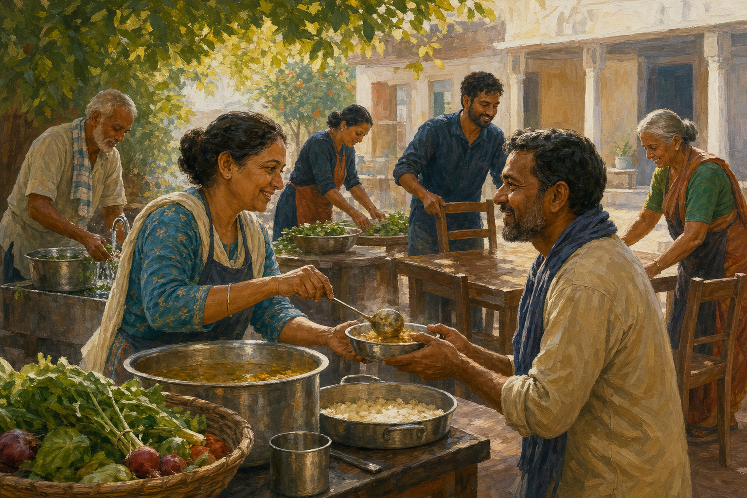 People work together in a sunlit community kitchen courtyard, preparing and sharing a meal with calm, respectful attention.