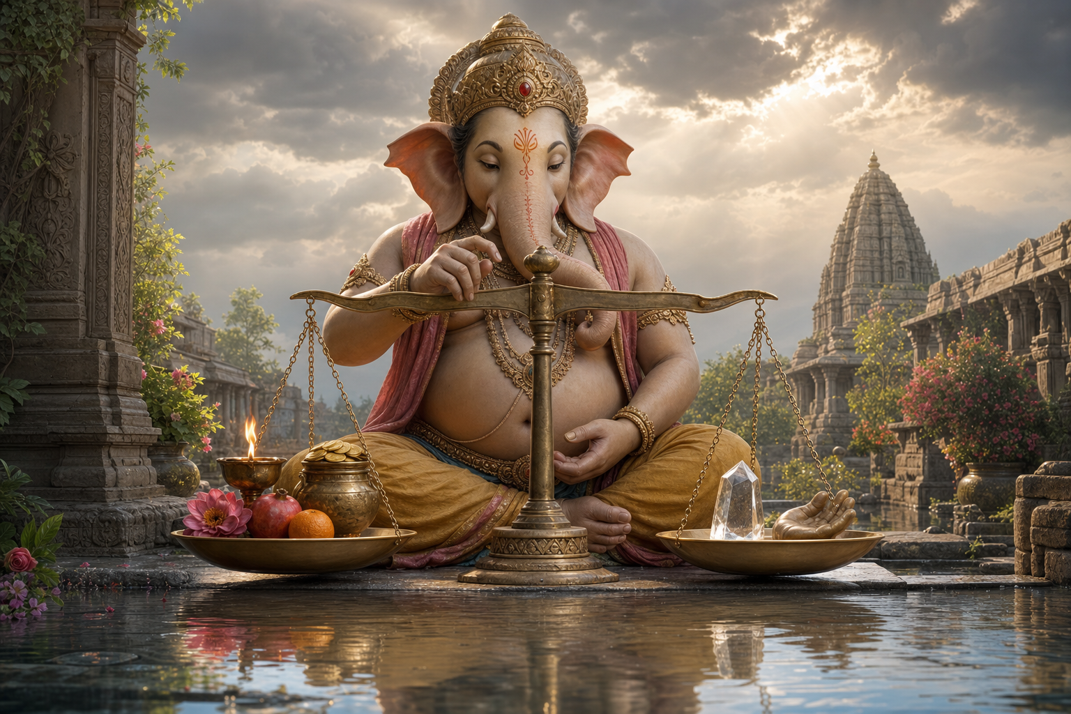Ganesha steadies a balanced scale holding symbols of emotion, desire, discernment and generosity as stormy water becomes calm.