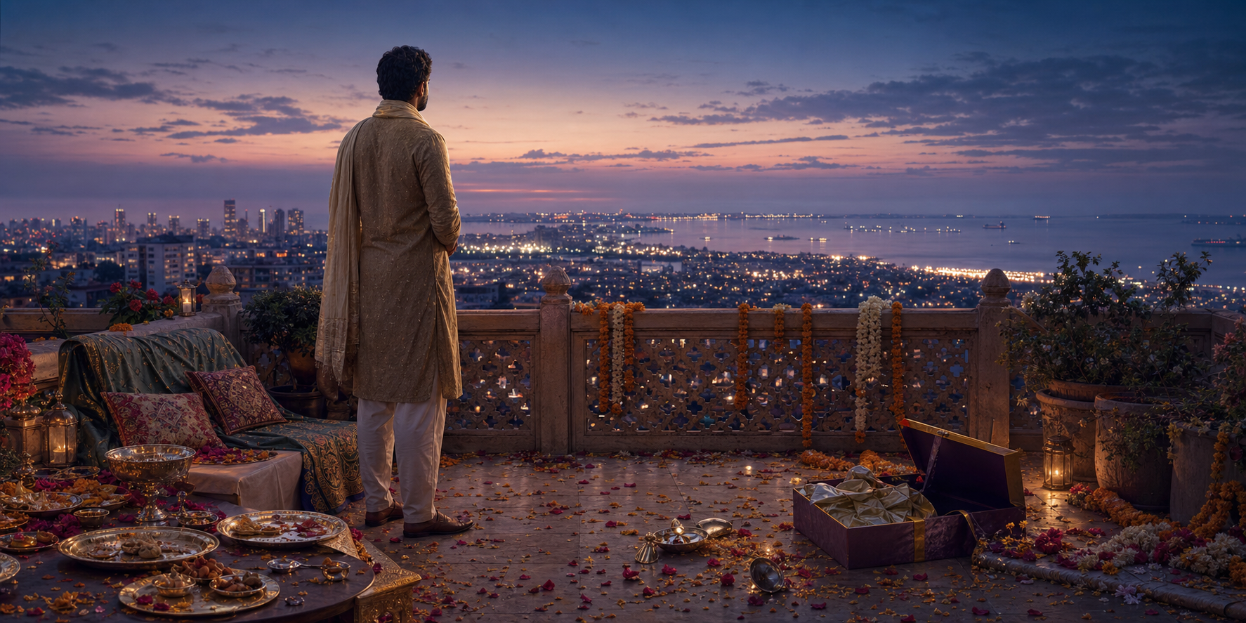 A reflective person stands among the remains of a rooftop celebration and looks toward a quiet twilight horizon.