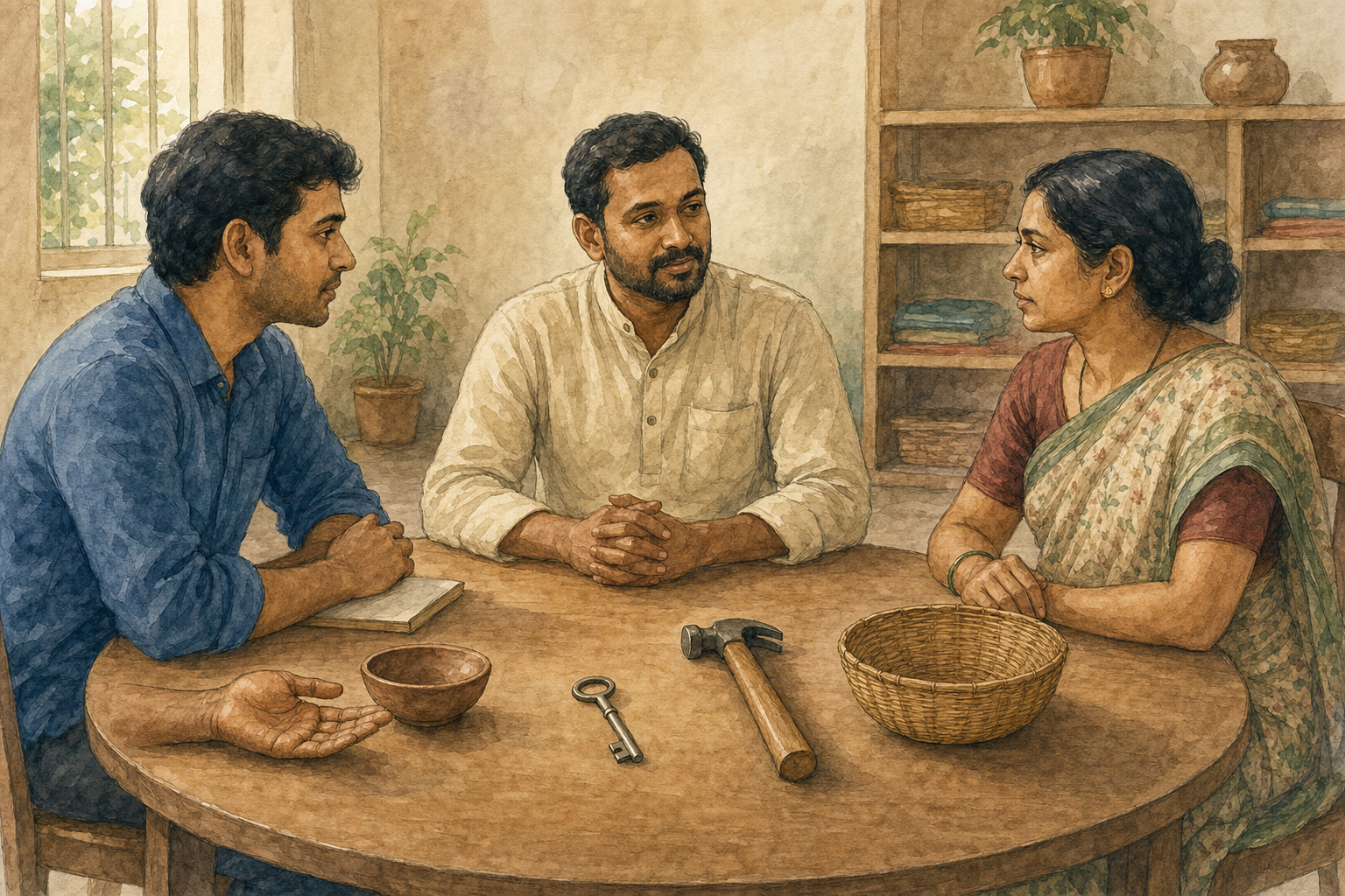 Three people discuss a possible commitment at an equal-height table beside a bowl, key, tool, and woven basket.