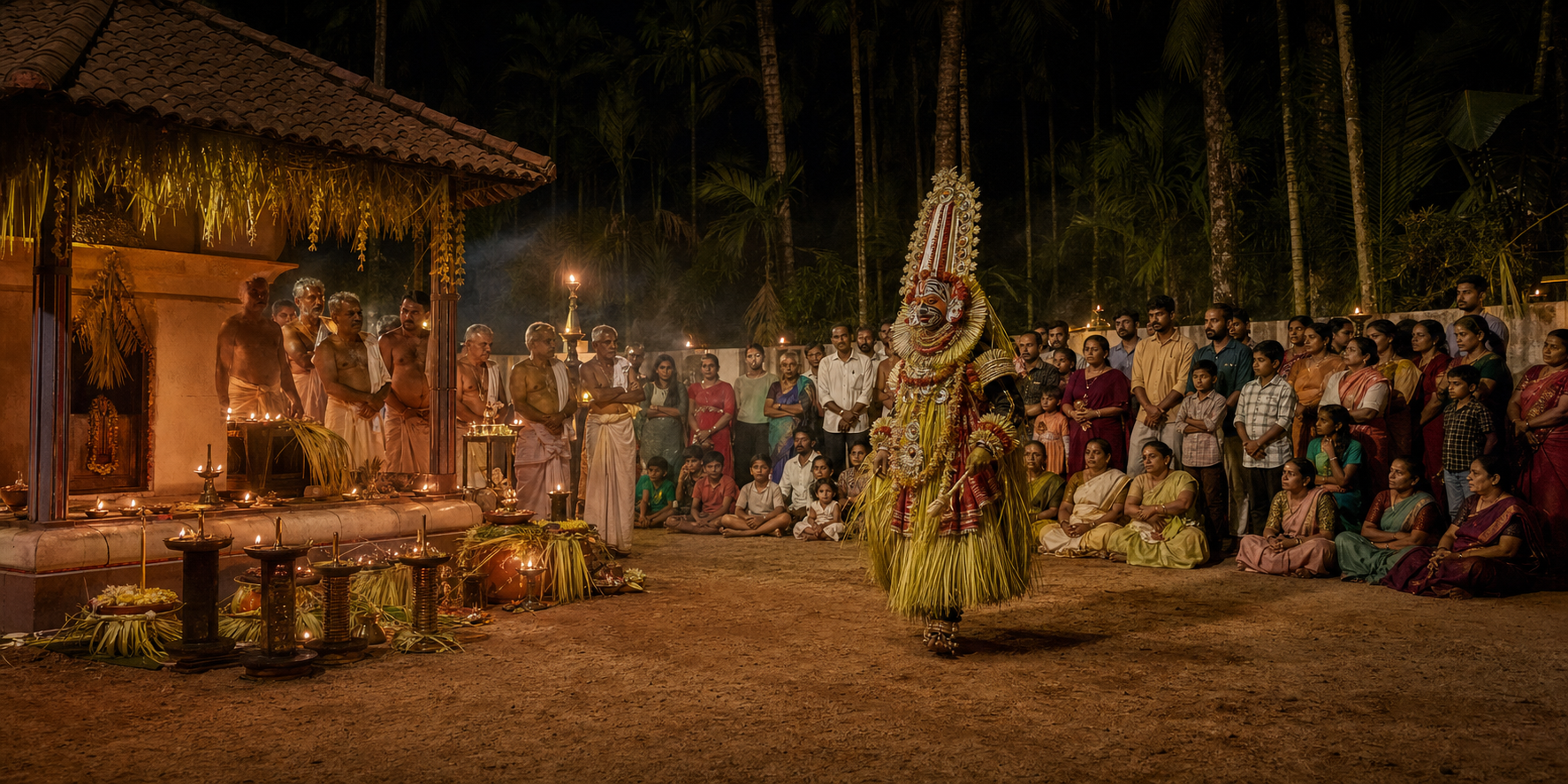 A Panjurli ritual performer stands near oil lamps while families and attendants gather in a shrine courtyard at night in coastal Tulunadu.