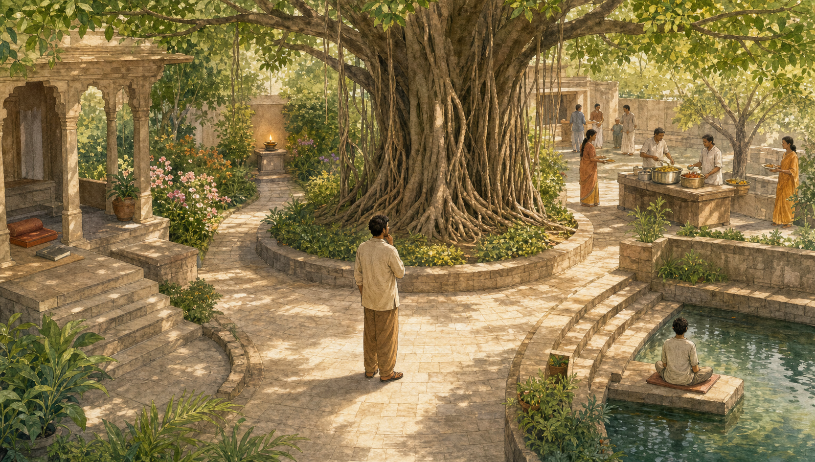 A seeker pauses beneath a banyan tree where paths lead toward study, devotional practice, community service and meditation.