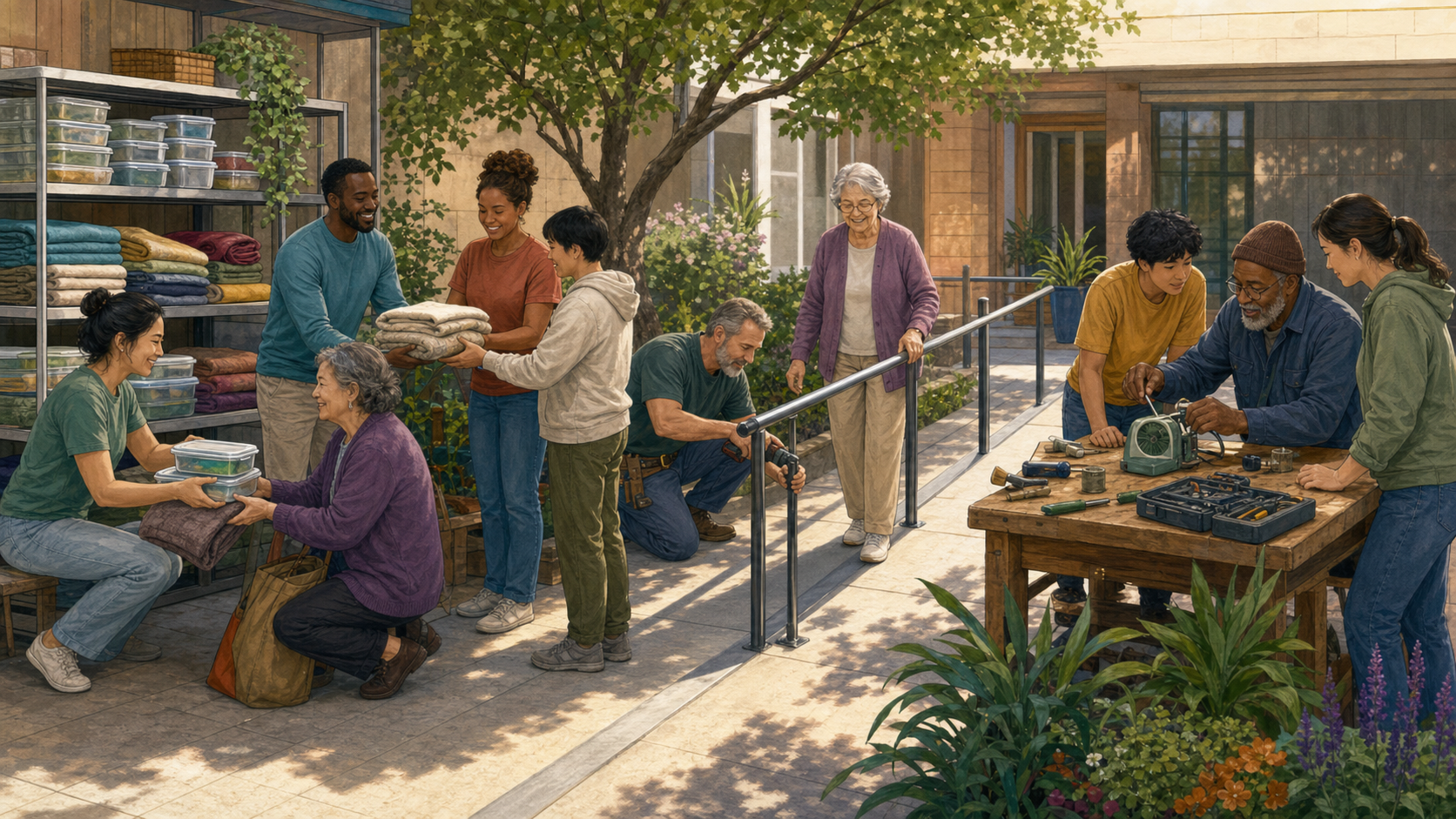 Community members distribute supplies, install a safety handrail, and teach a repair skill in three connected areas of a courtyard.