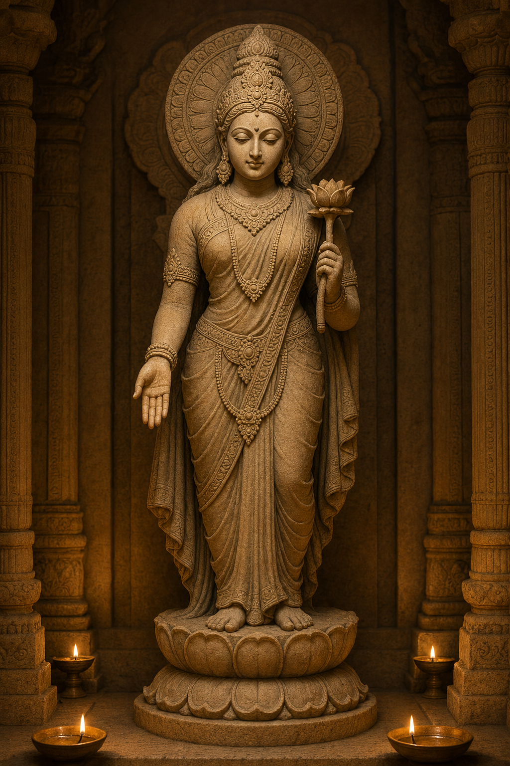 A sandstone sacred figure stands in a softly lit temple alcove with one open hand extended at waist level and a lotus held in another hand.