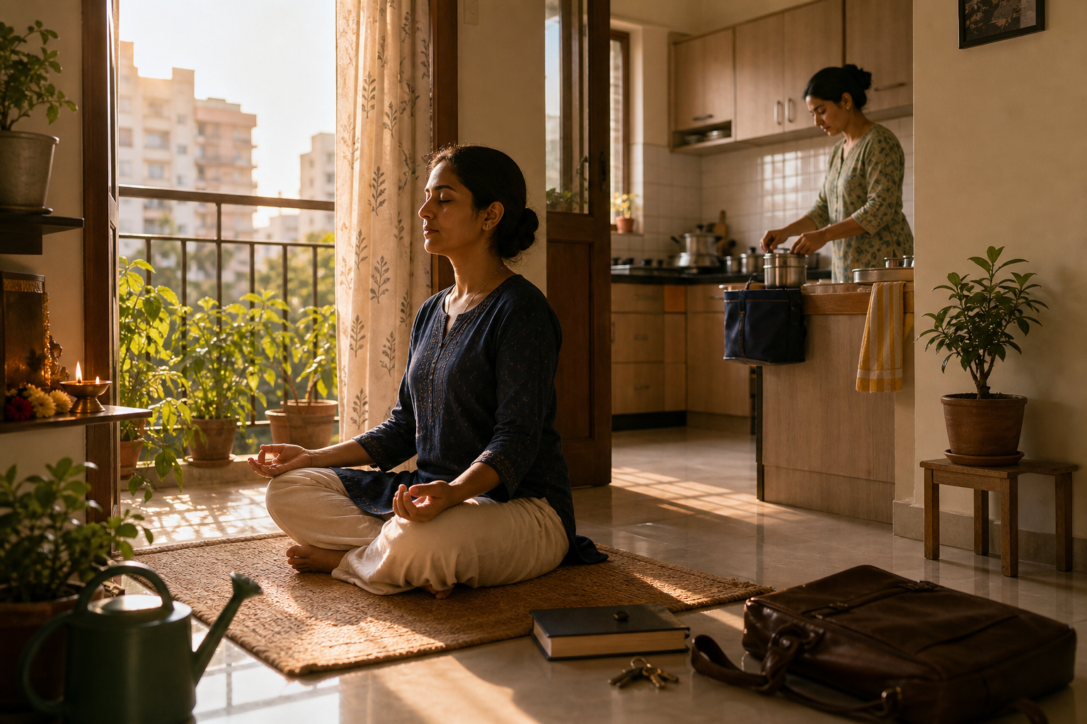 A person meditates at sunrise in an apartment where a kitchen, lunch container, work bag and household plants show the routines of daily life.