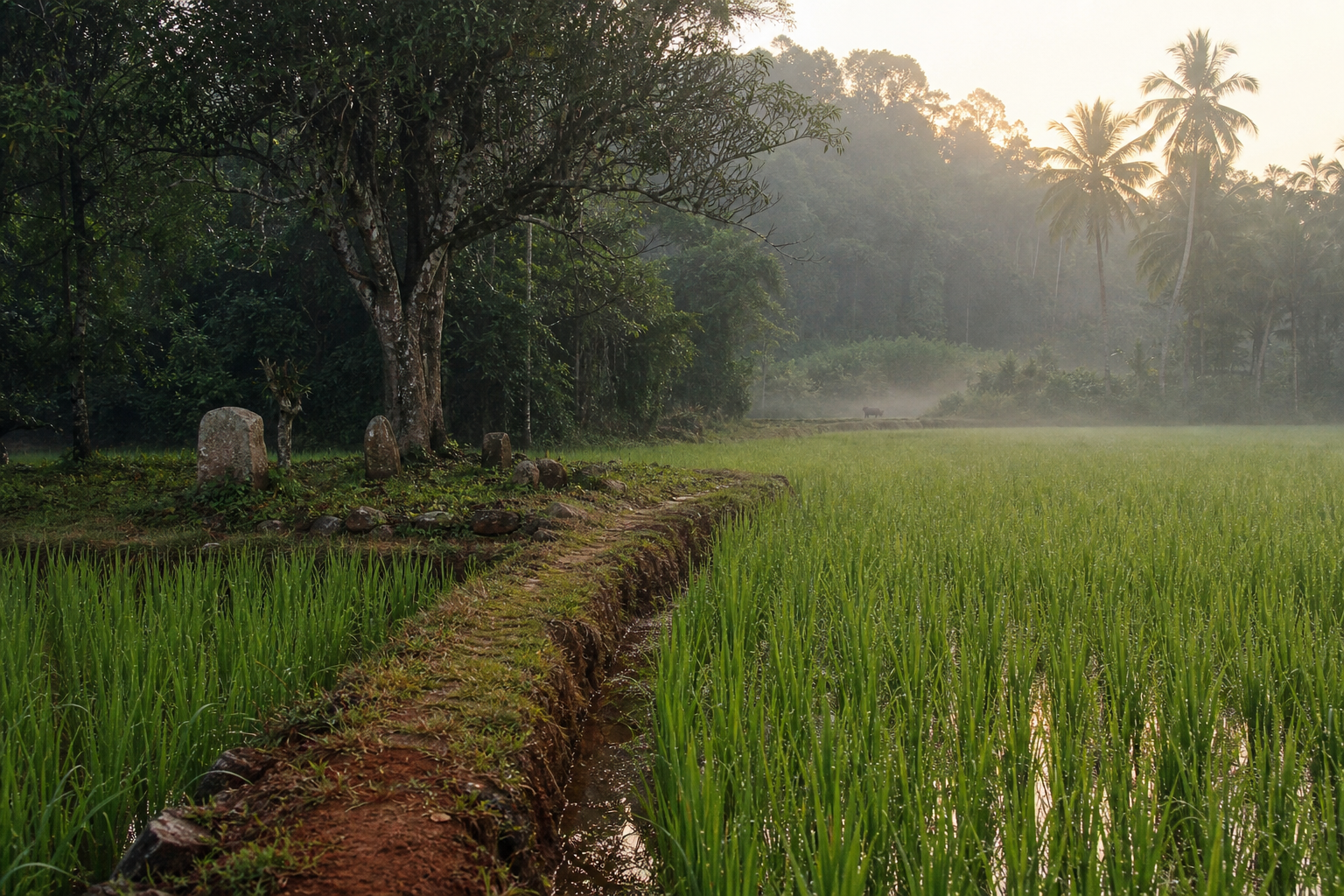 A paddy field borders a sacred grove and dense forest in coastal Tulunadu, with a distant wild boar near the tree line.