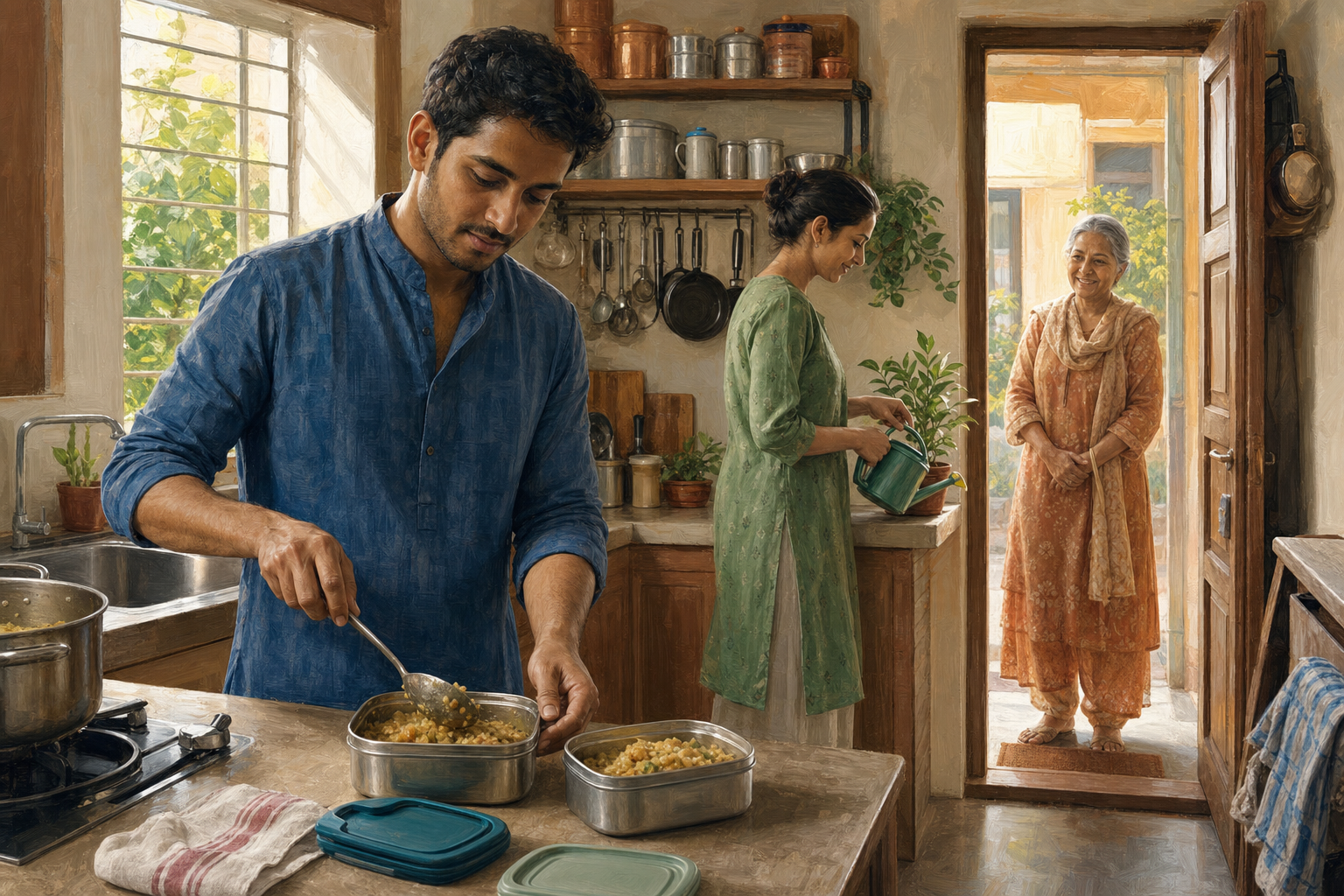 A person portions a cooked meal into reusable containers as an older neighbor waits at the open doorway in the morning.