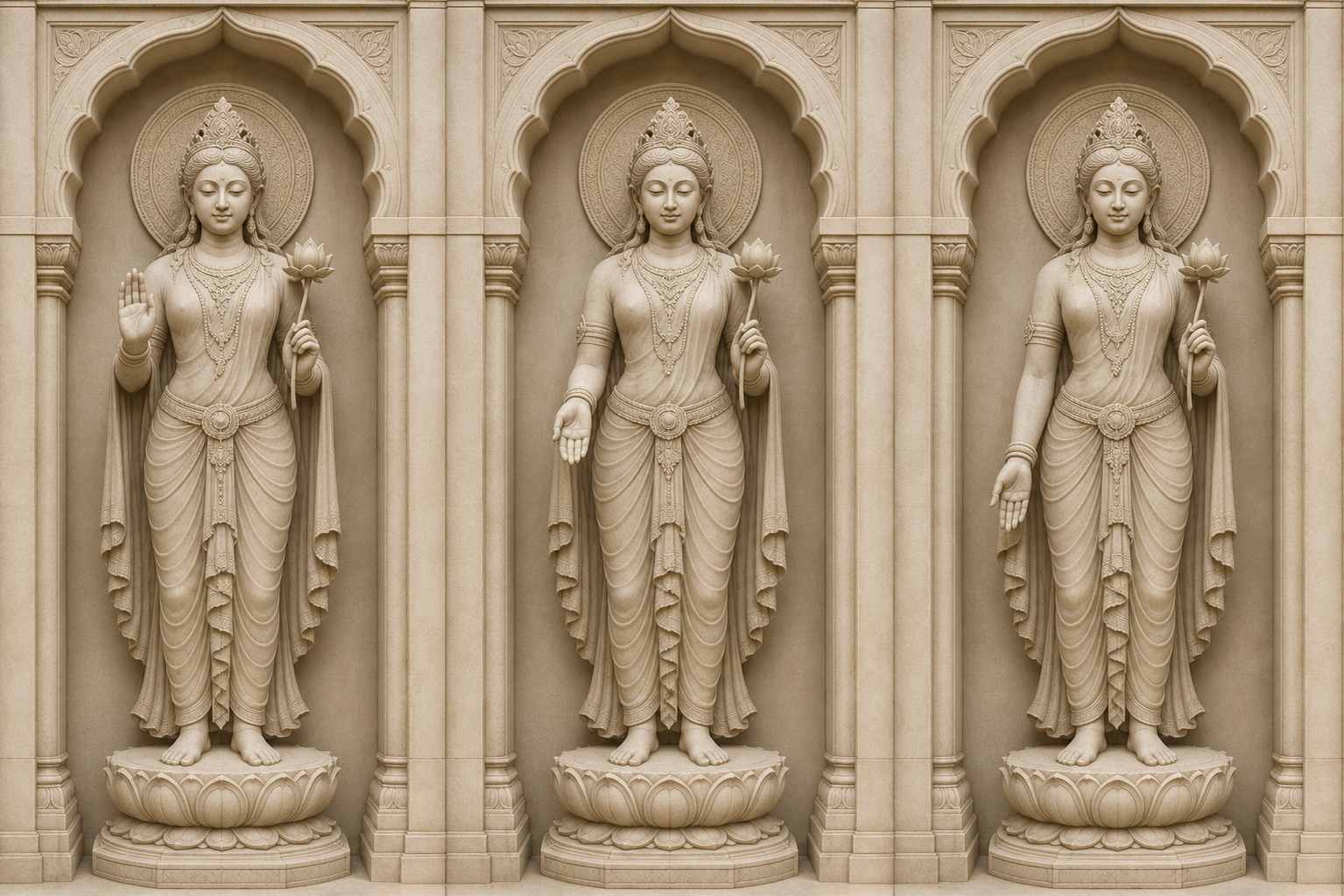 Three matching sandstone sacred figures display open palms at shoulder, waist, and thigh height with different palm angles and finger positions.