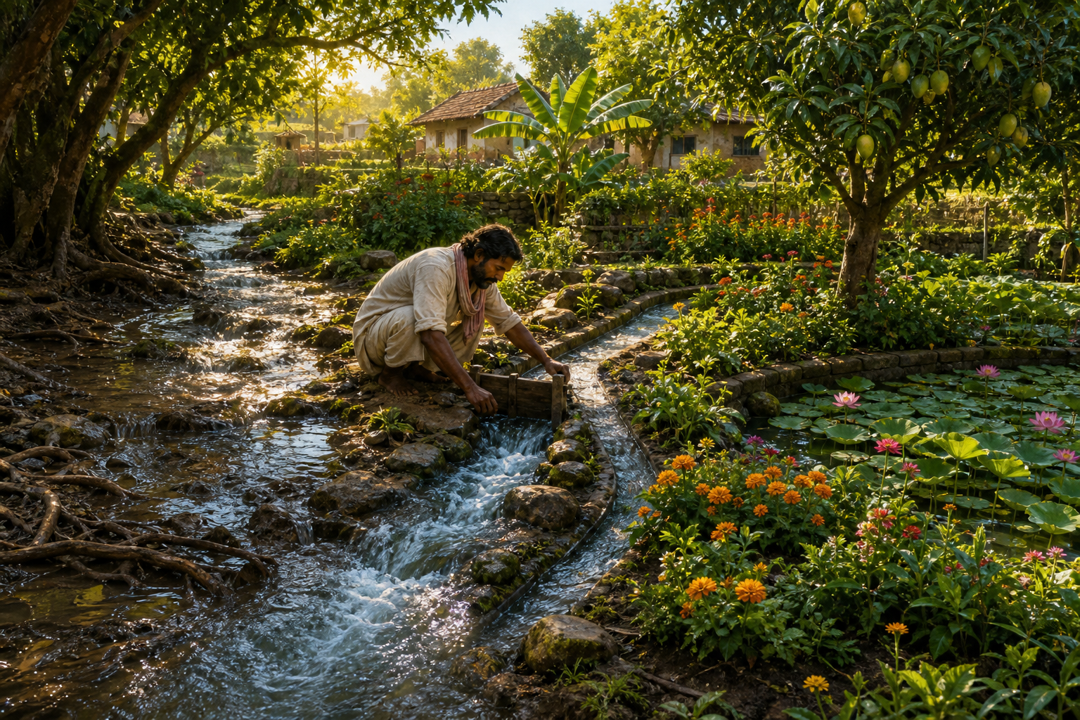 A gardener redirects a flowing stream through planted terraces toward flowers, fruit trees and a lotus pond.