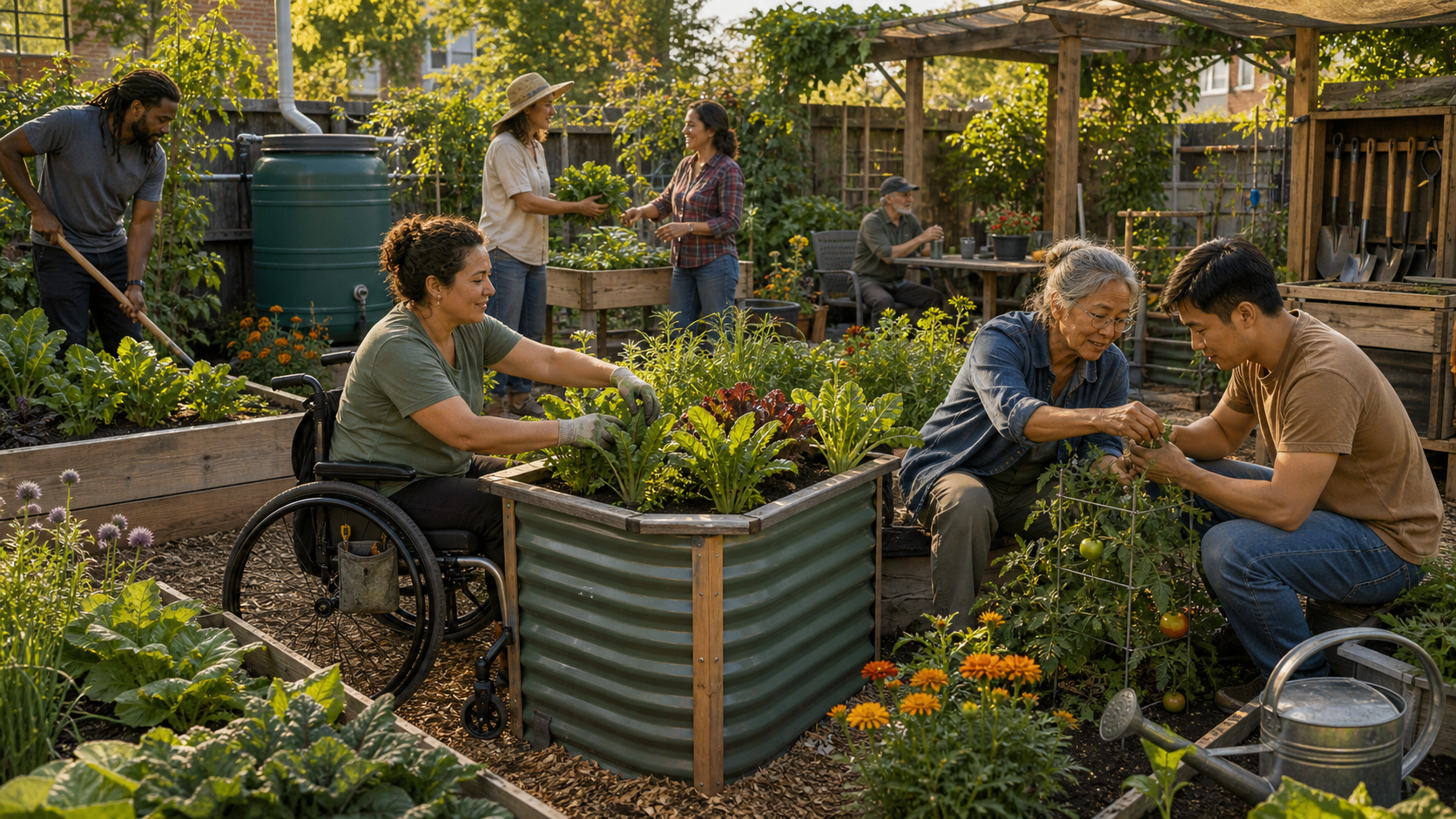 Neighbors and volunteers tend an accessible community garden with raised beds, shared tools, compost, and rainwater storage.