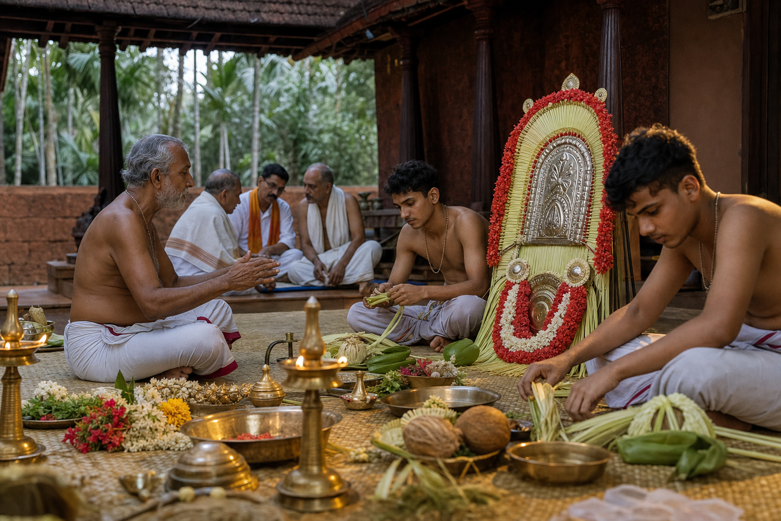 Ritual specialists, attendants, and elders prepare lamps, offerings, ornaments, and a ceremonial headdress in a Tulunadu shrine courtyard.