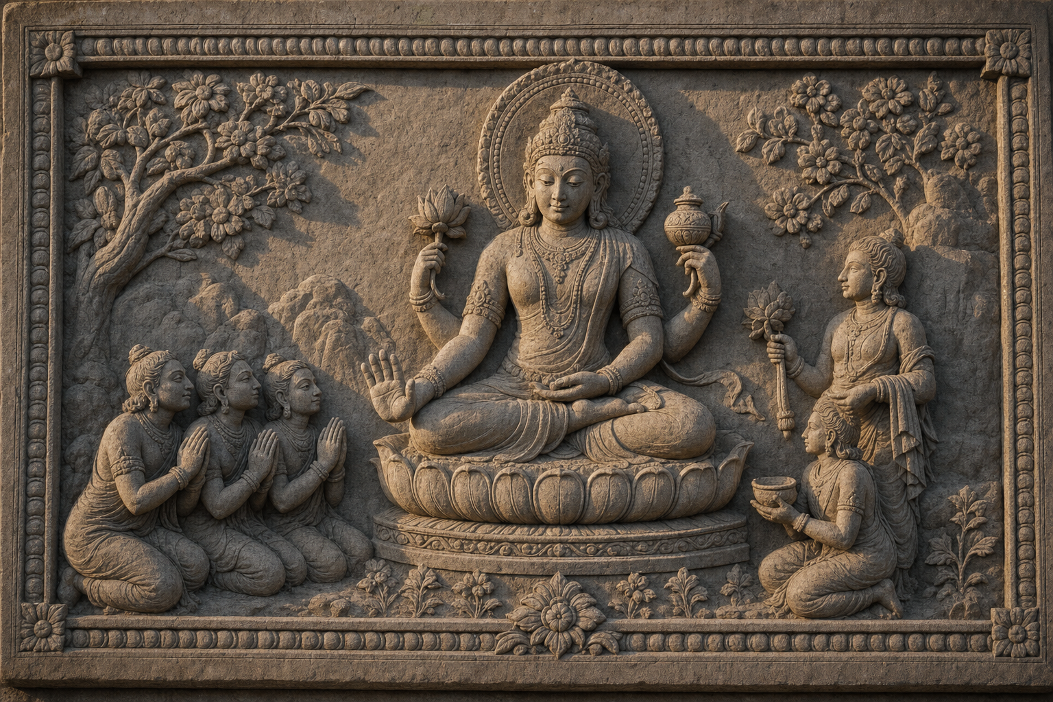 A carved stone relief shows a seated sacred figure extending an open hand toward attendants, with a lotus, vessel, halo, and pedestal completing the scene.