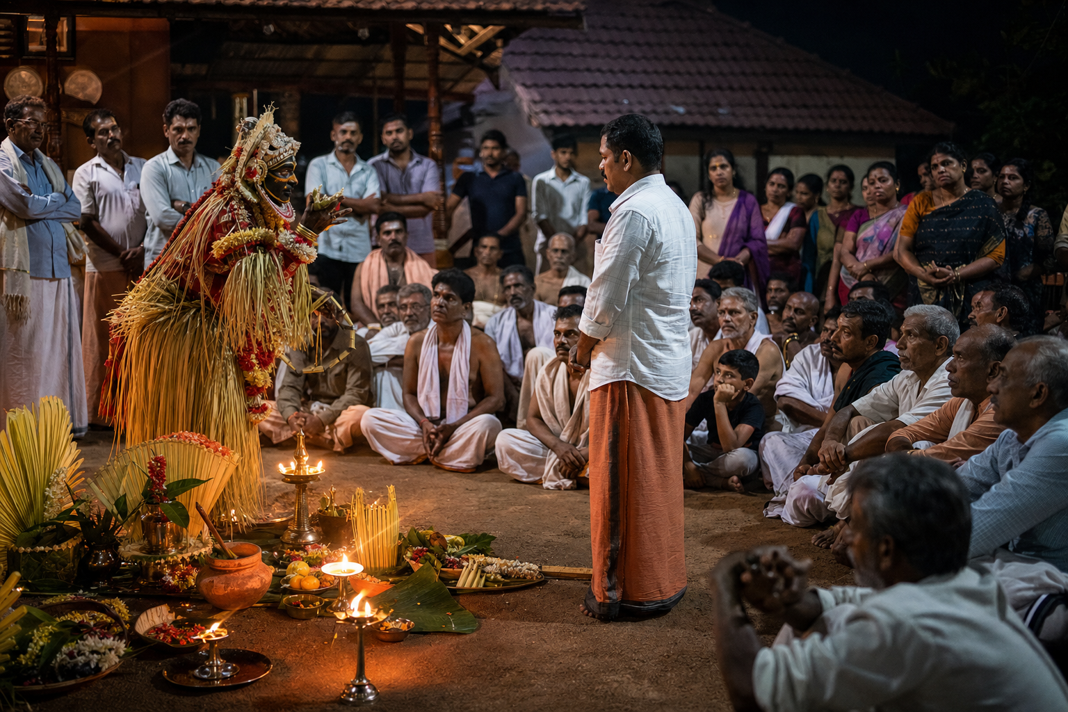 A Panjurli ritual performer addresses a family representative as elders, attendants, and community members listen in a firelit courtyard.