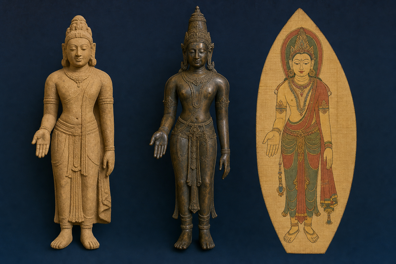 Sandstone, bronze, and painted sacred figures appear side by side, each displaying a similar open palm at waist height in a different artistic style.