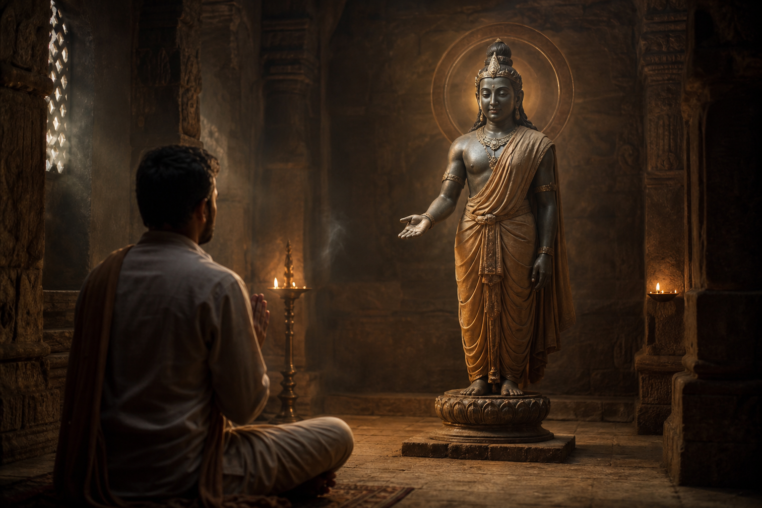 A seated devotee faces a lamp-lit sacred figure whose open hand extends toward the devotee inside a quiet stone sanctum.