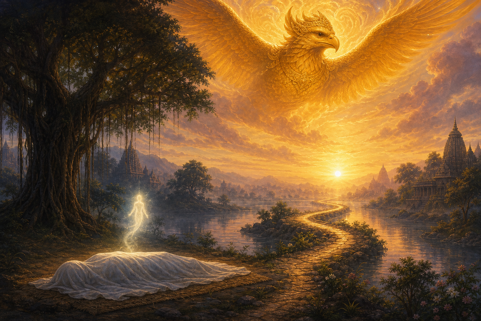 A luminous soul rises above a covered body as a golden celestial eagle overlooks a winding path toward a radiant horizon.