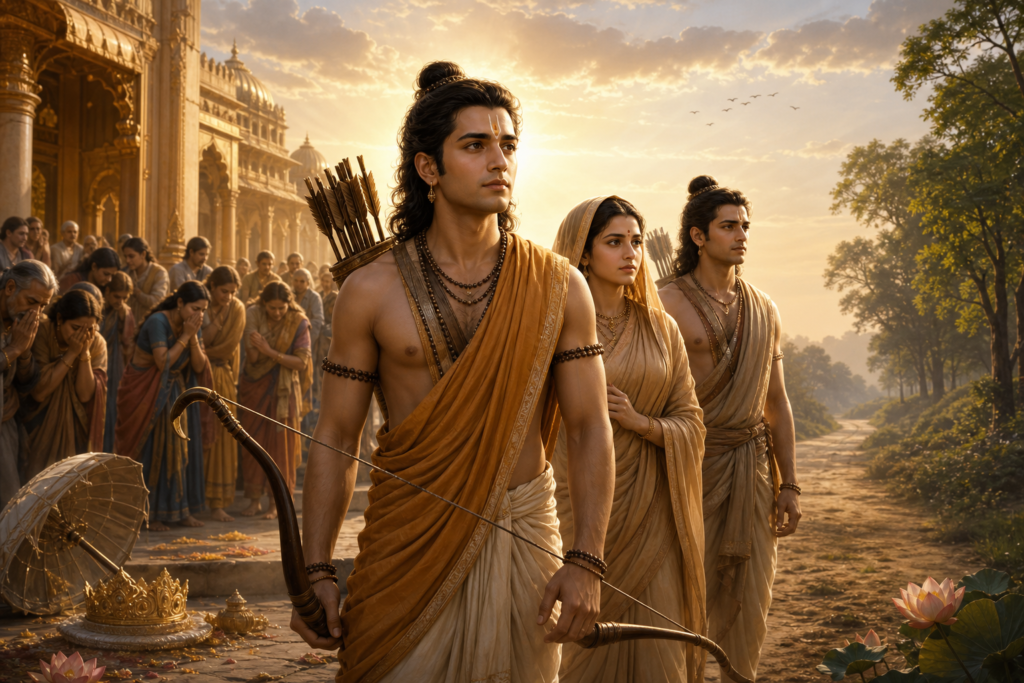 Lord Rama leaves Ayodhya for exile with Sita and Lakshmana at sunrise
