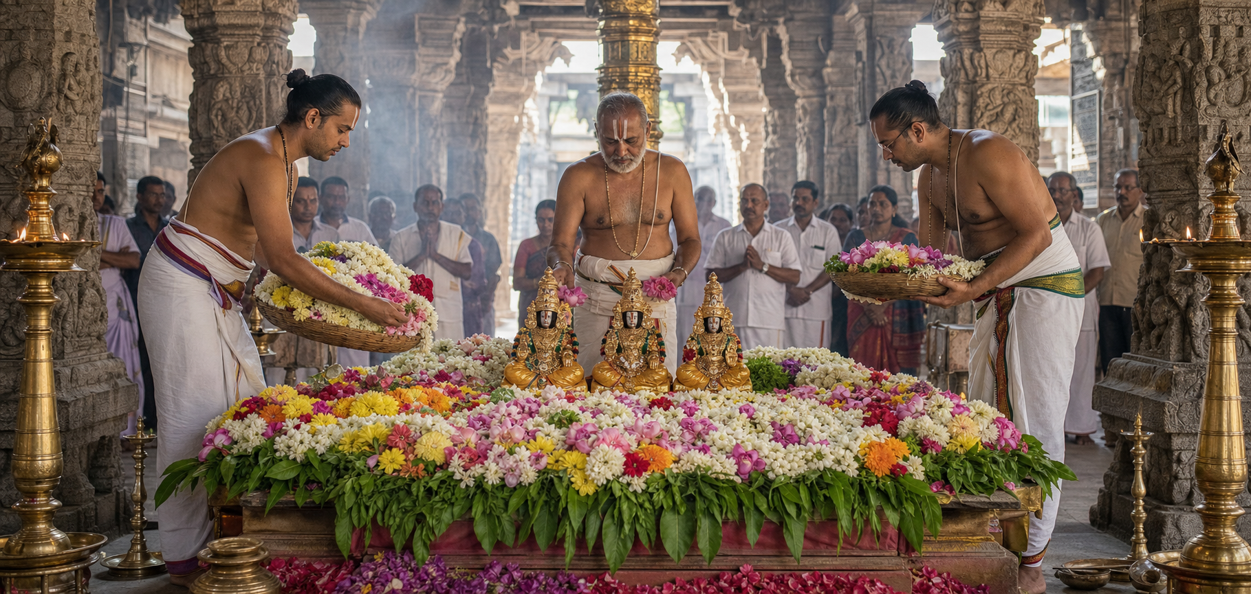 Temple priests offer baskets of colorful flowers to three gilded processional deities in a granite-pillared mandapa.