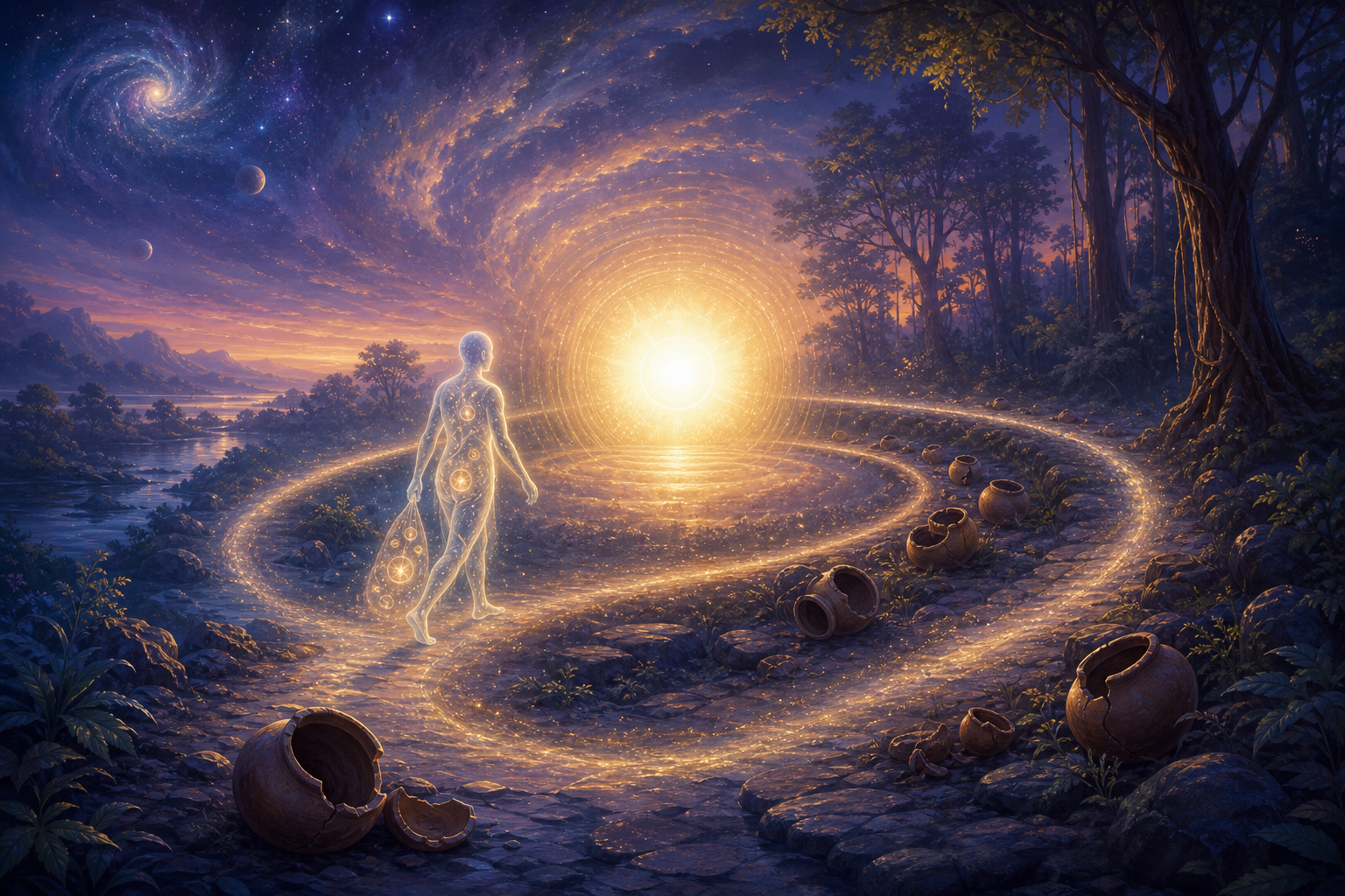 A steady sphere of light is surrounded by a travelling translucent figure and discarded clay vessels in a twilight forest.