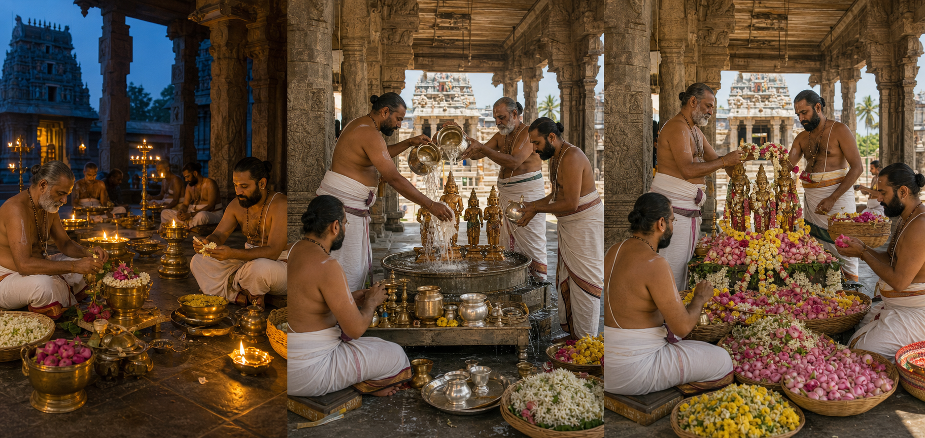 A three-part festival sequence shows evening ritual preparations, a late-morning ceremonial bathing of processional deities and a subsequent offering of flowers.