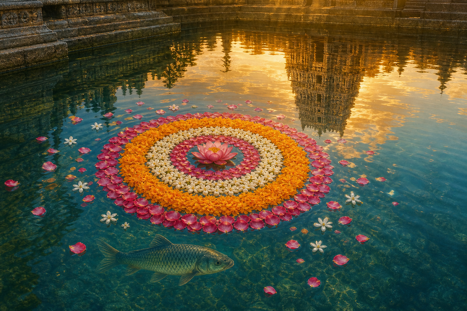 An illustration shows a fish beneath floating rings of flower petals in a temple tank, with a South Indian temple gateway reflected in the water.