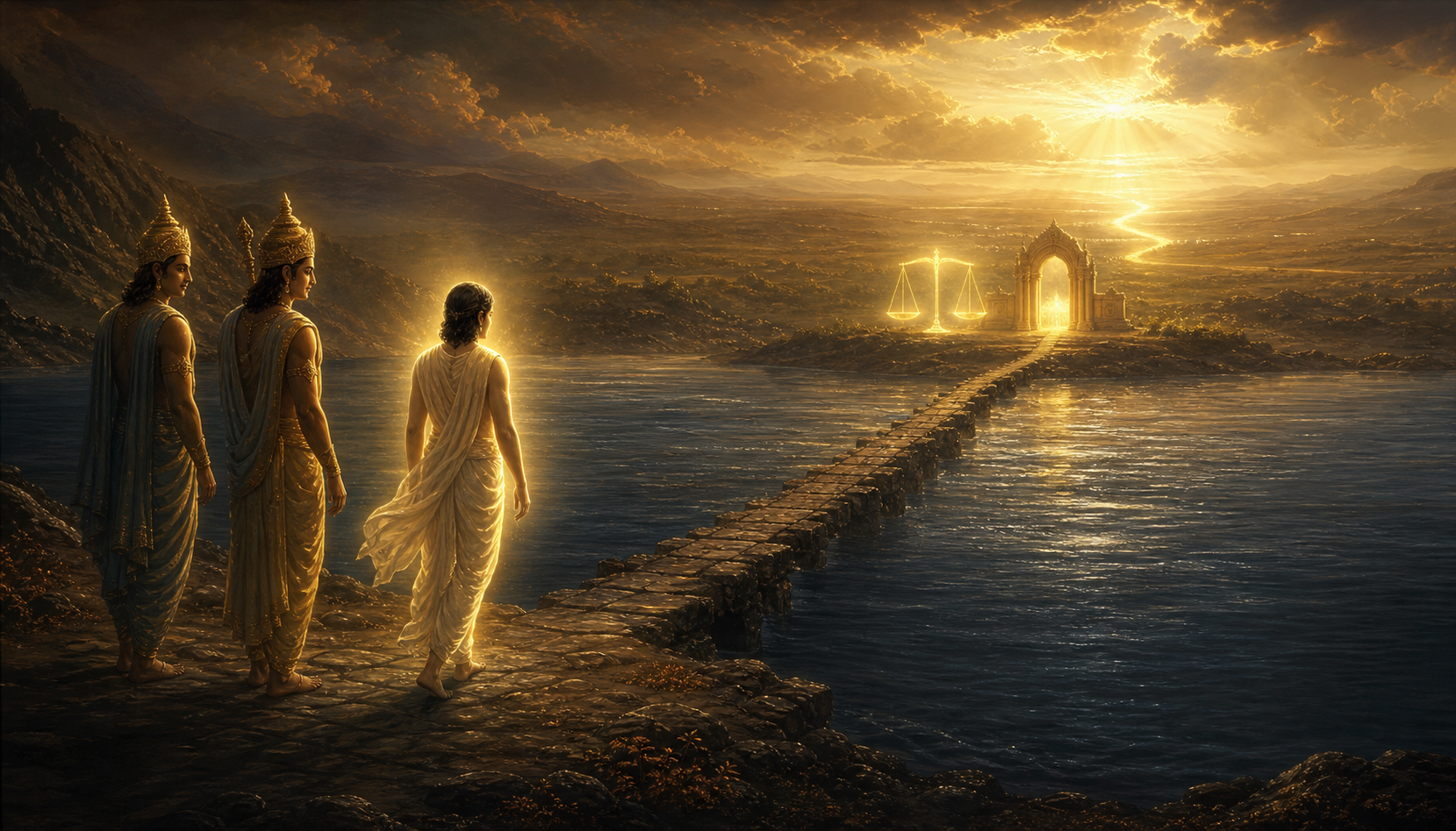 A luminous traveller crosses a river toward a glowing gateway and scales of light while two celestial guides follow.