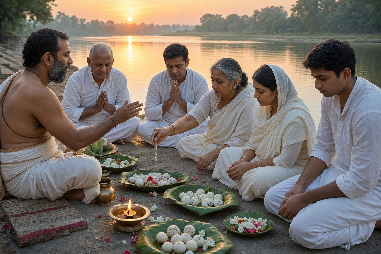 Relatives in white garments make water, flower, sesame, and rice offerings beside a river at sunrise.