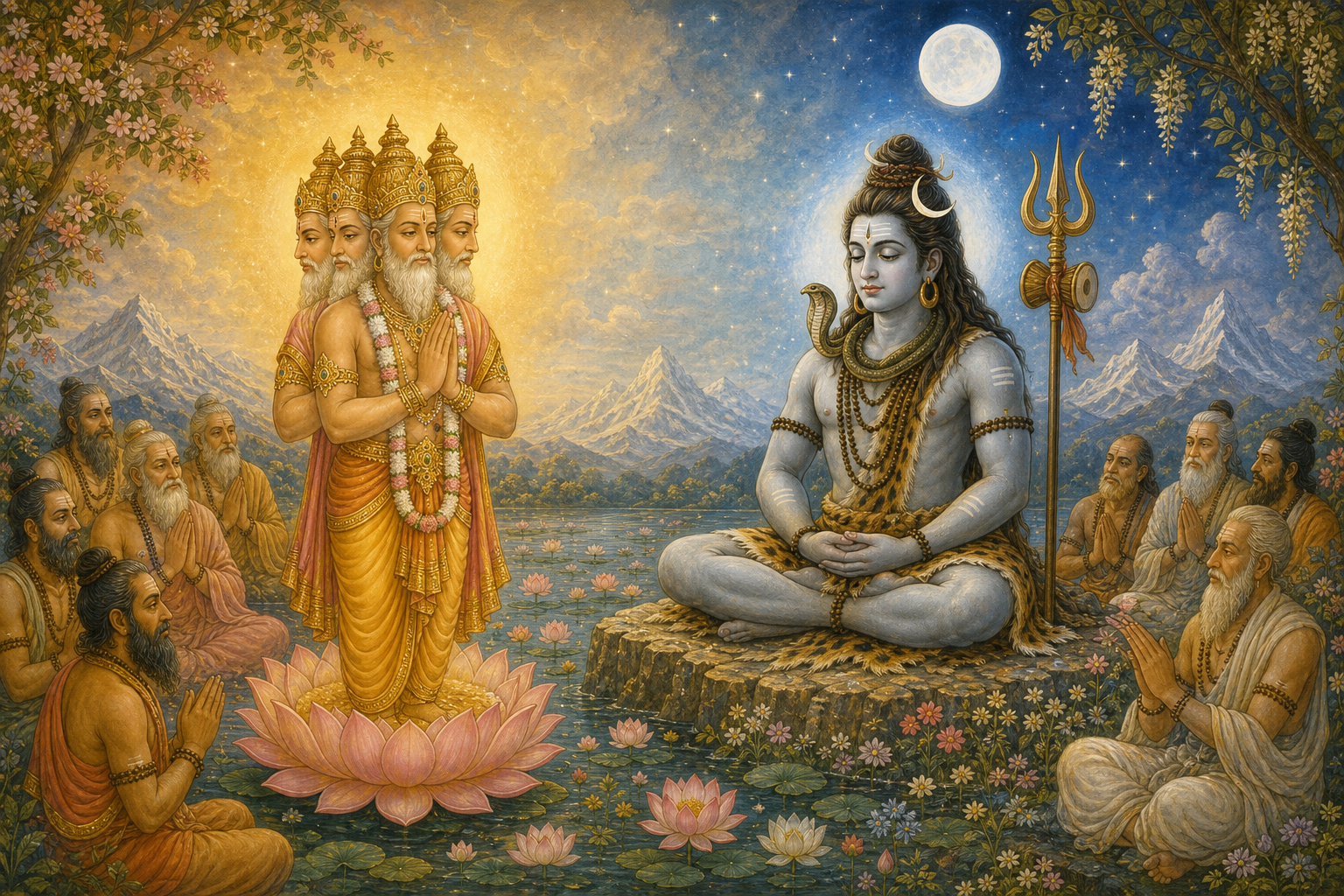 Four-headed Brahma joins his hands in praise before the seated Siva as sages gather in a celestial Himalayan setting.