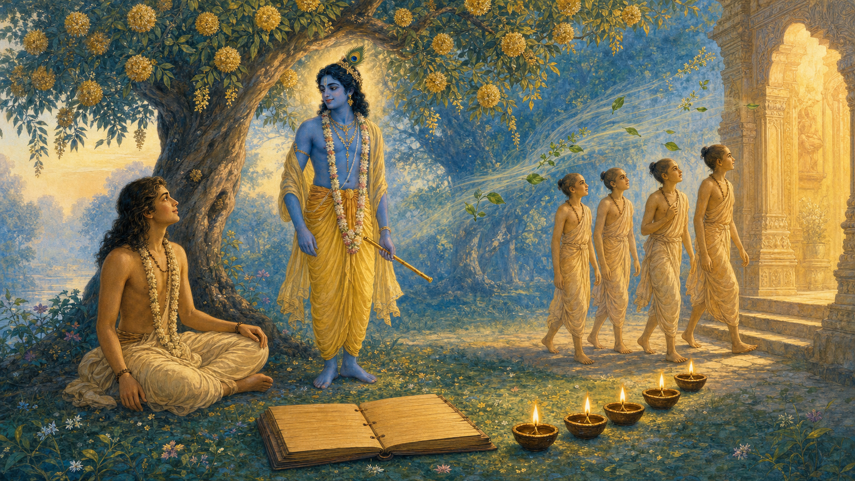 Krishna stands in a dawn forest between Sukadeva and the four Kumaras, with tulasi leaves, five oil lamps, and an open palm-leaf manuscript in the foreground.